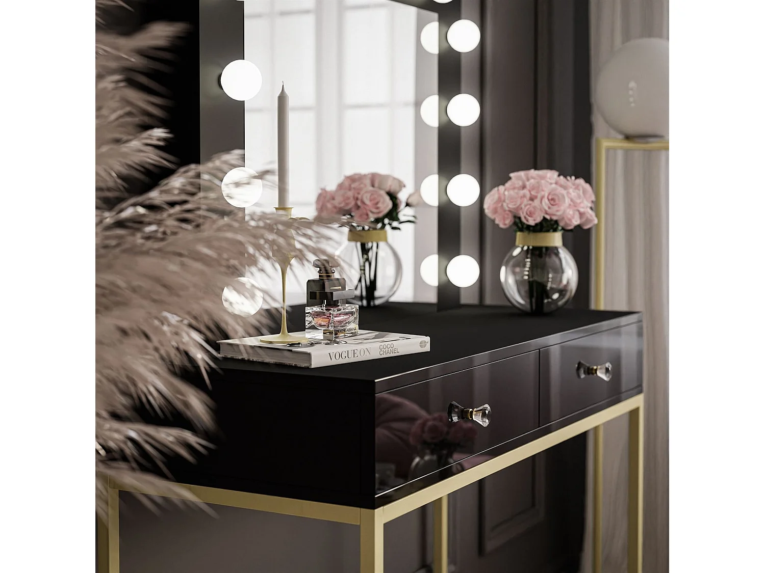 Coiffeuse BLANCO GOLD LED, Doré mat / noir brillant, poignée - cristal blanc