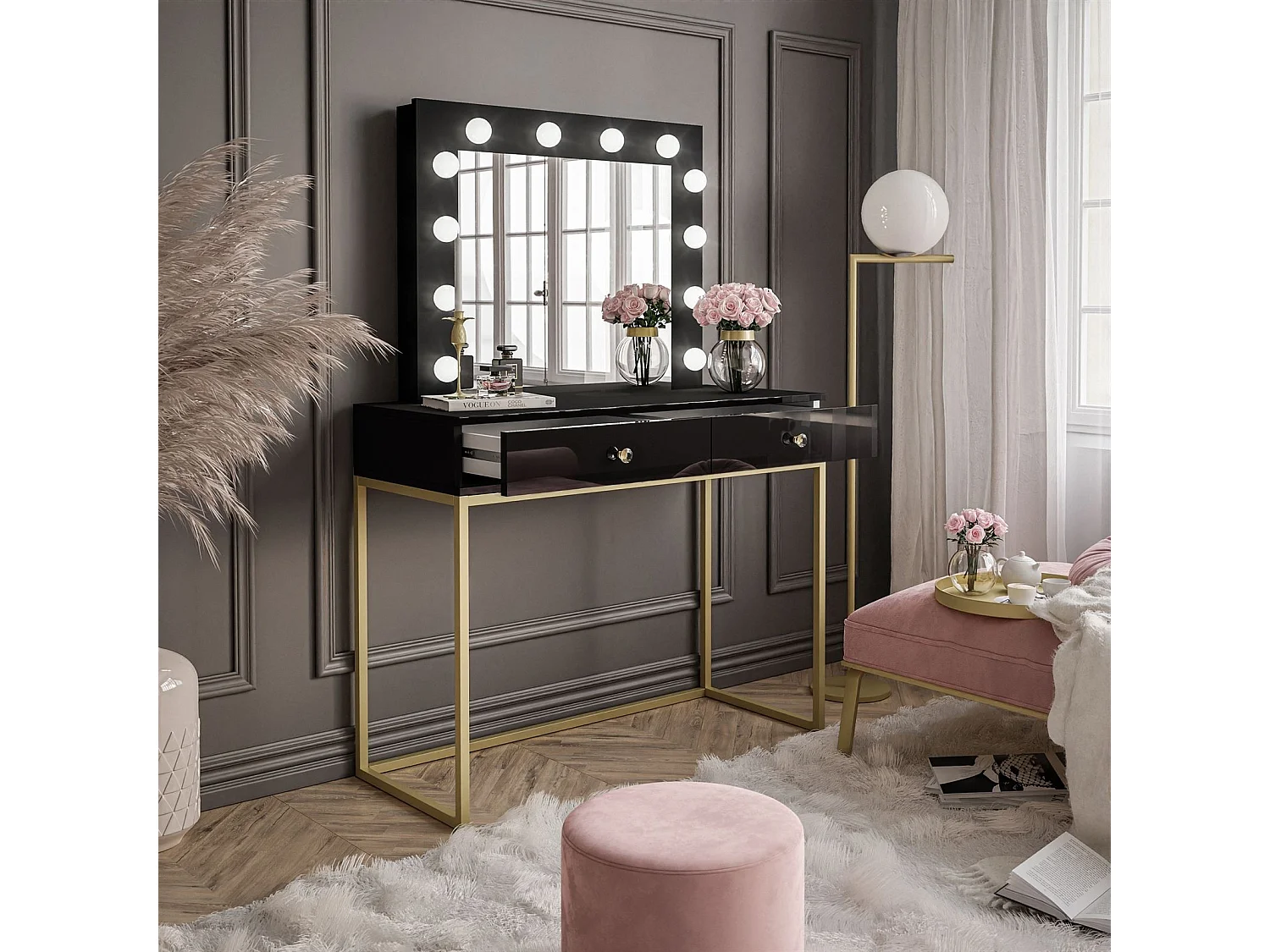 Coiffeuse BLANCO GOLD LED, Doré mat / noir brillant, poignée - cristal blanc