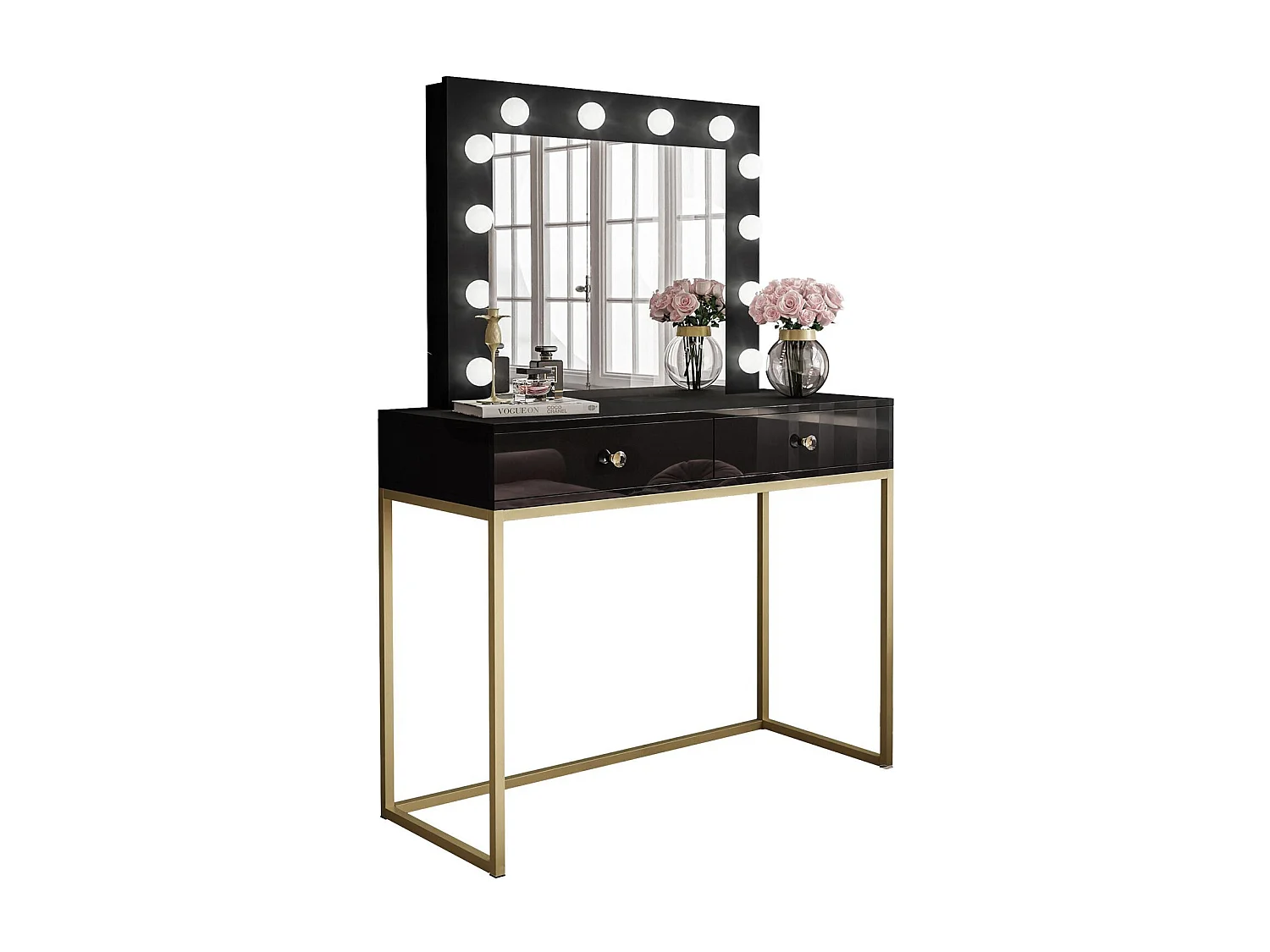 Coiffeuse BLANCO GOLD LED, Doré mat / noir brillant, poignée - cristal blanc