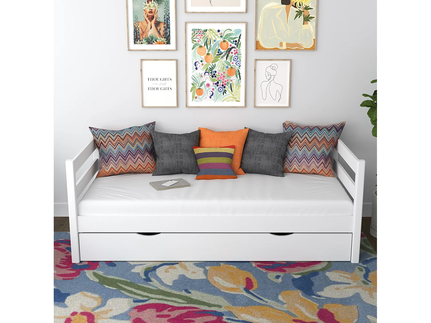 Lit banquette en bois - avec tiroir N01 Blanc 100x200