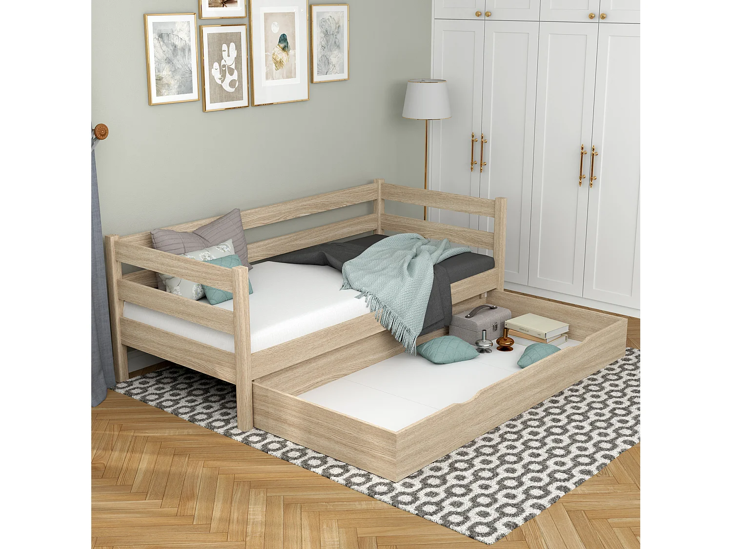 Lit banquette en chêne - avec tiroir N01 Chêne Blanchi 120x190