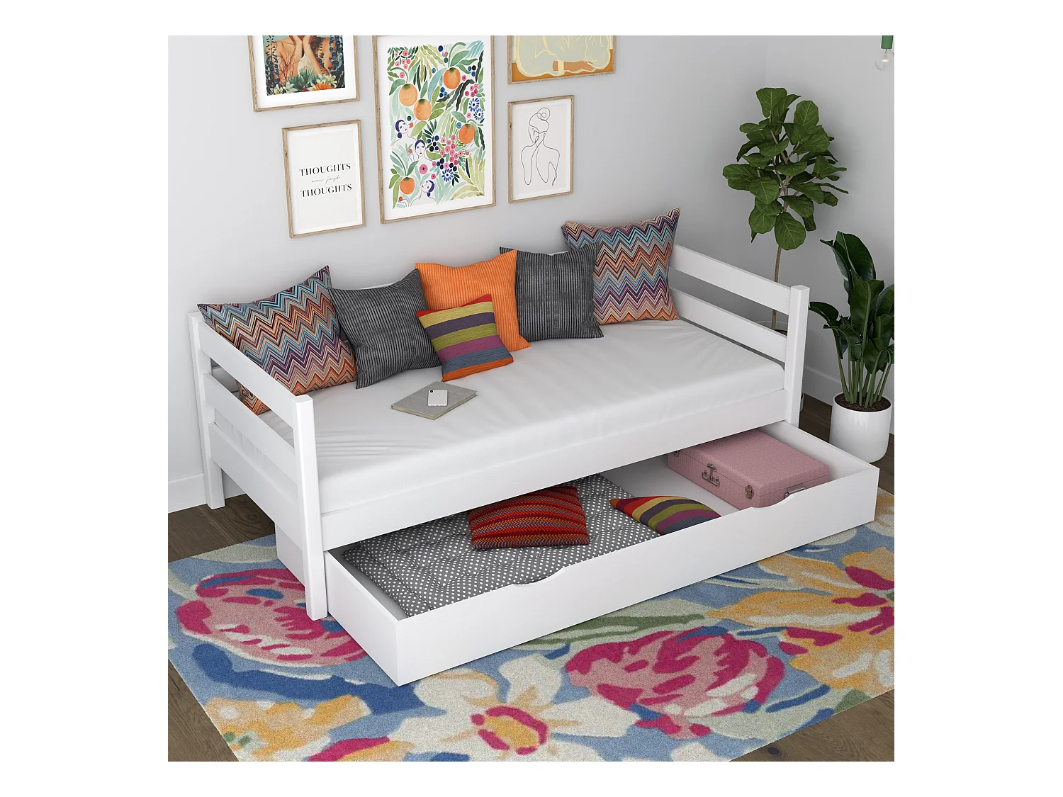 Lit banquette en bois - avec tiroir N01 Blanc 120x180