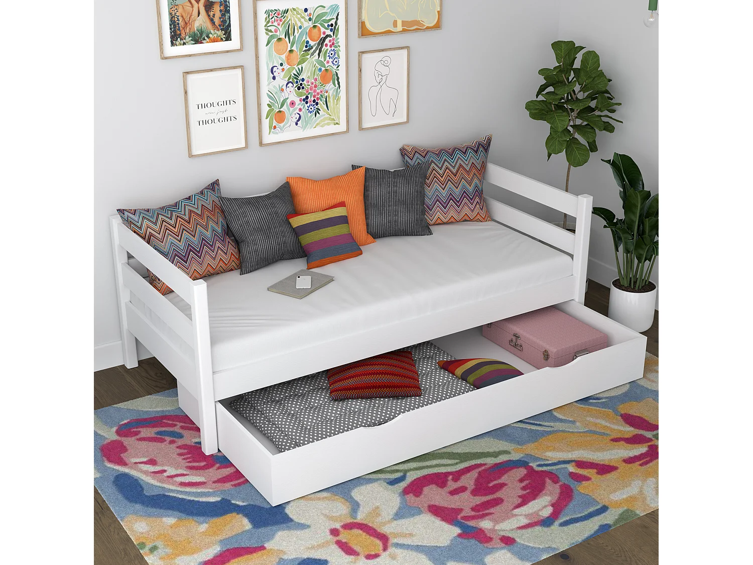 Lit banquette en bois - avec tiroir N01 Blanc 120x190