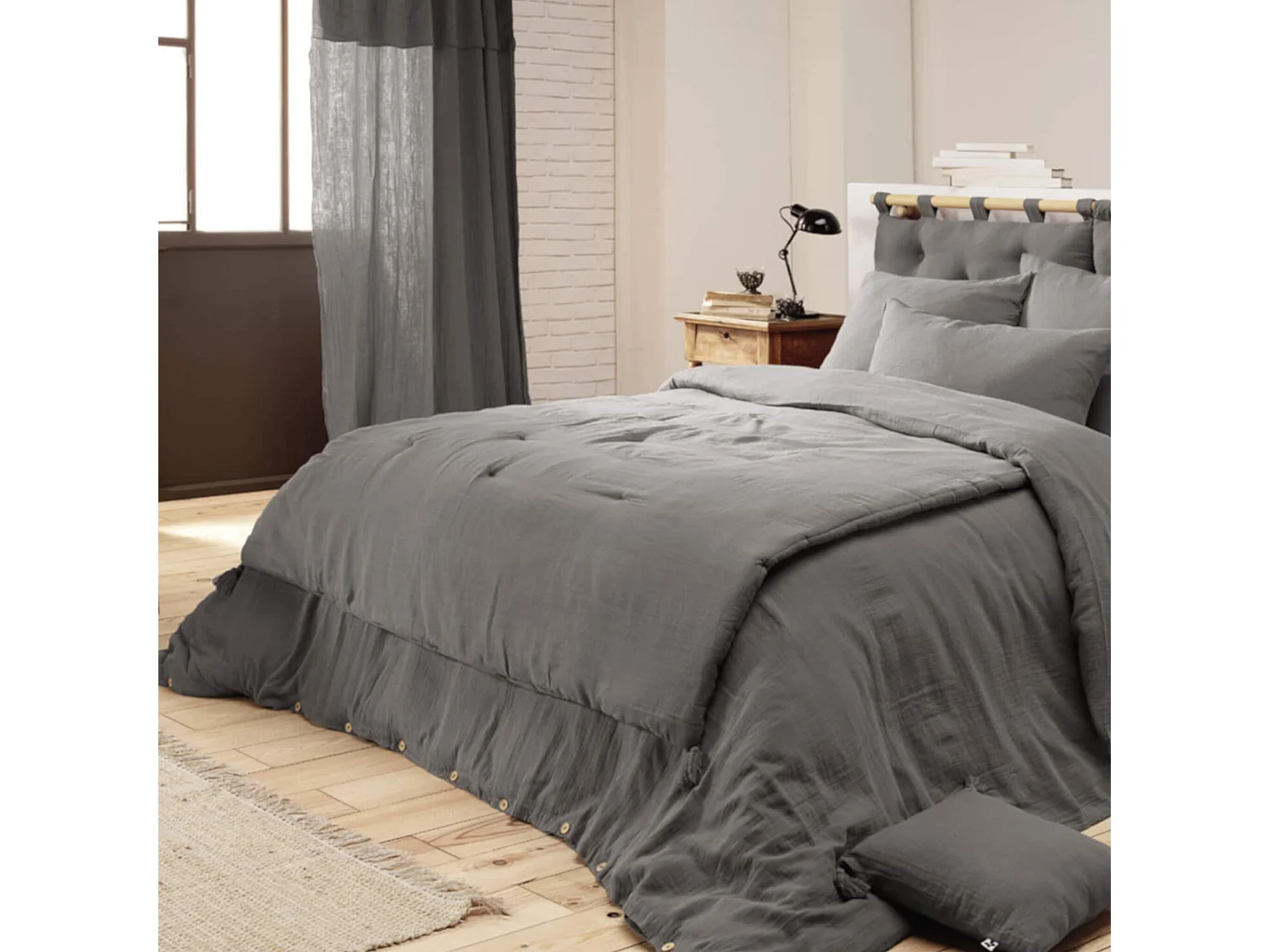 Couvre-lit double gaze de coton gris anthracite 90x200 cm