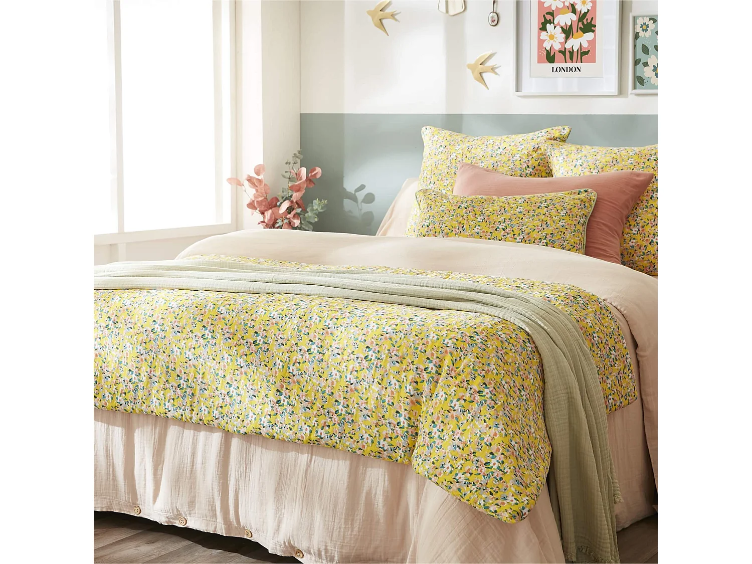 Taie d'oreiller gaze de coton imprimé floral jaune 60x60