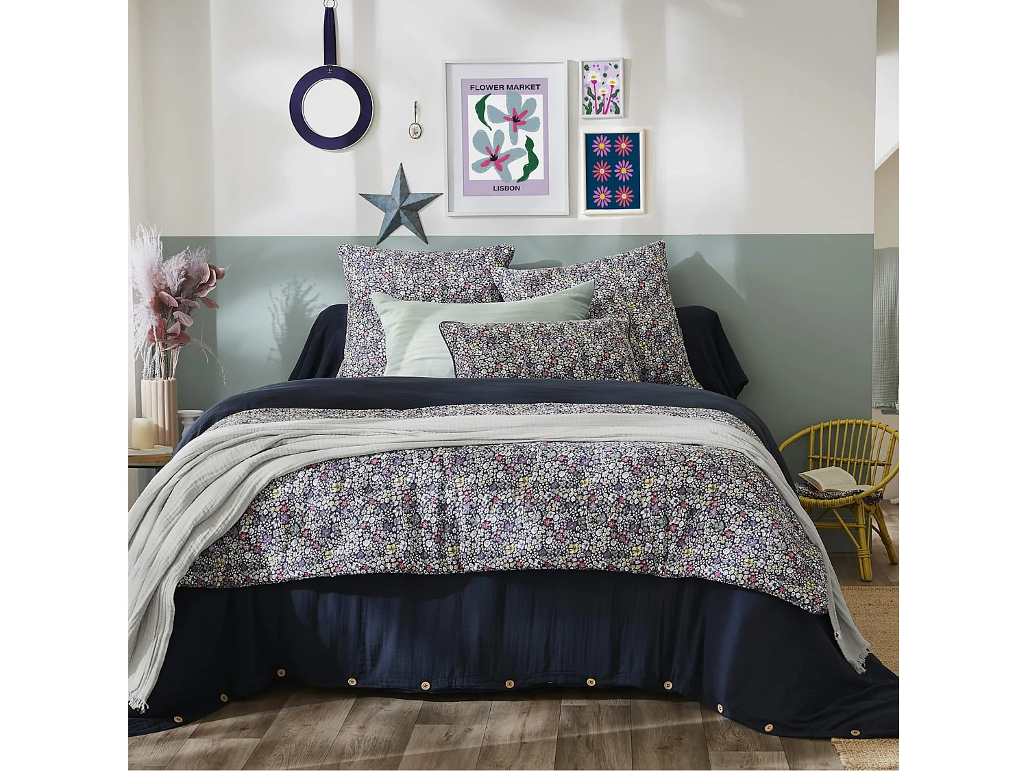 Taie d'oreiller gaze de coton imprimé floral bleu 50x70