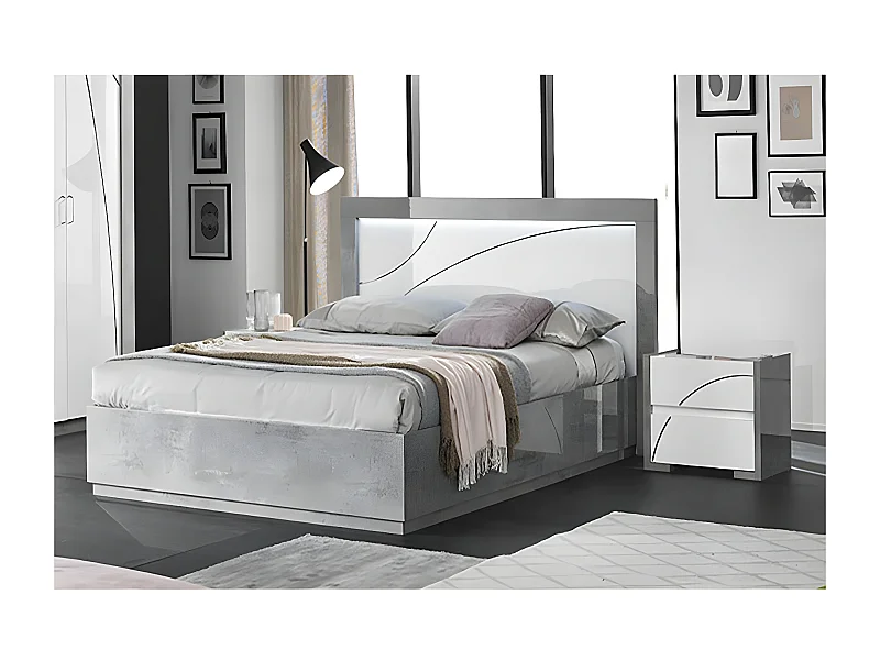 LINEAL - Ensemble Lit 160x200cm avec Leds + 2 Chevets Laqués Blanc et Gris Béton