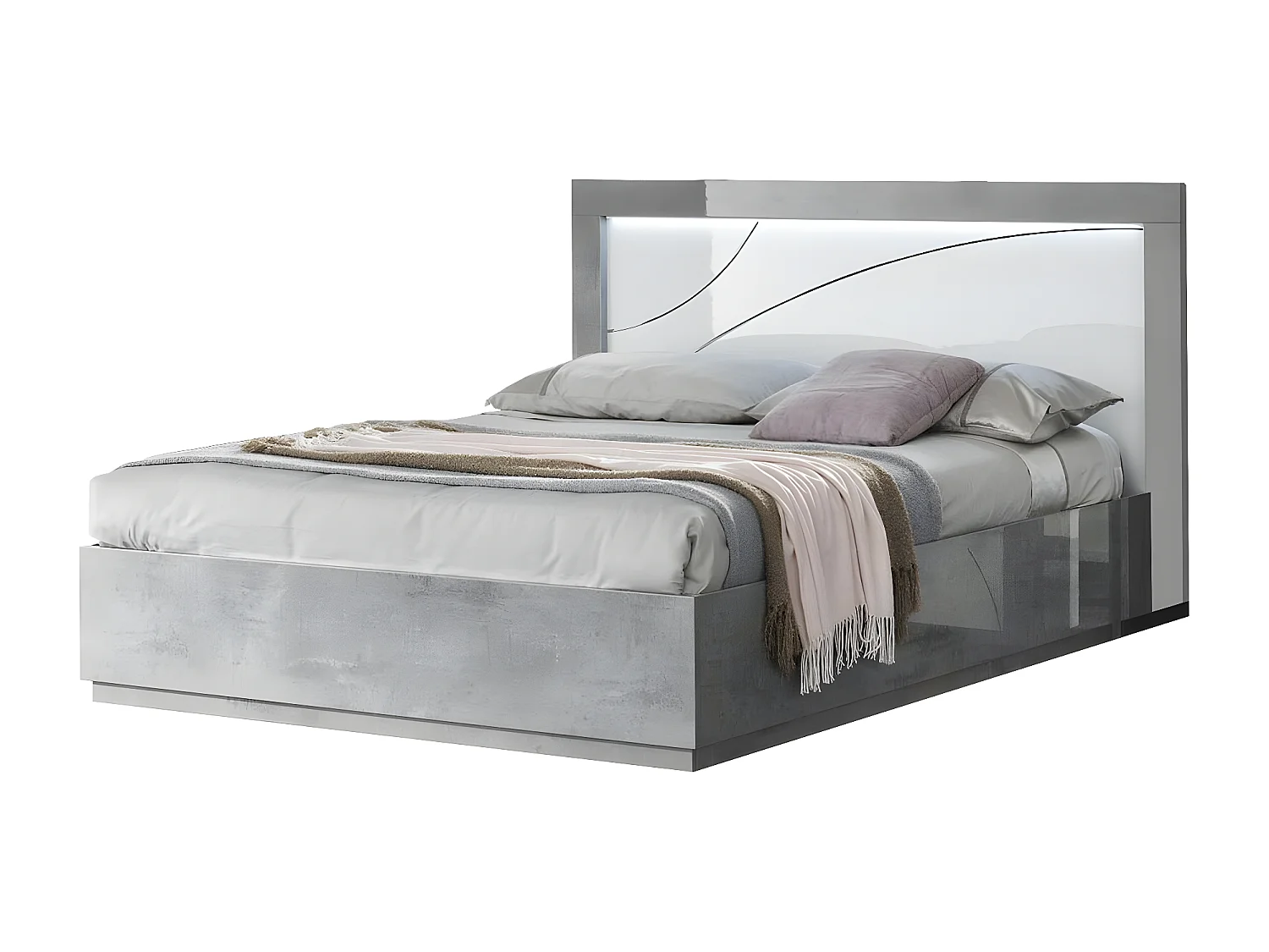 LINEAL - Ensemble Lit 160x200cm avec Leds + 2 Chevets Laqués Blanc et Gris Béton