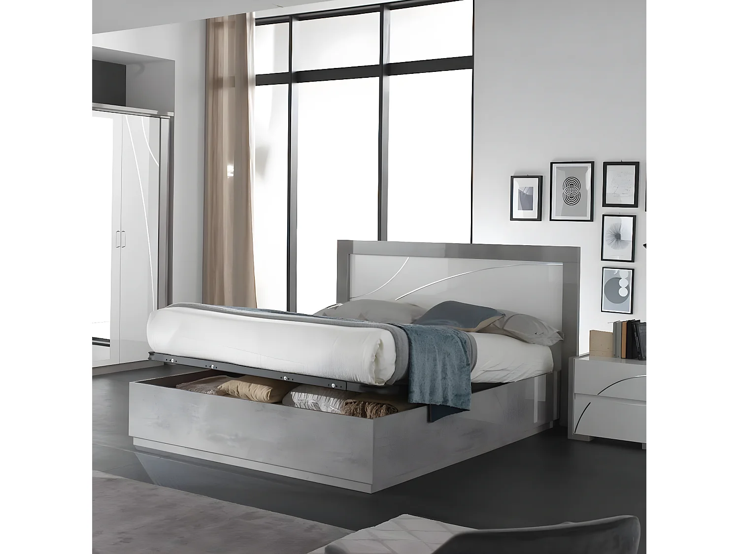 LINEAL - Ensemble Lit 160x200cm avec Leds + 2 Chevets Laqués Blanc et Gris Béton
