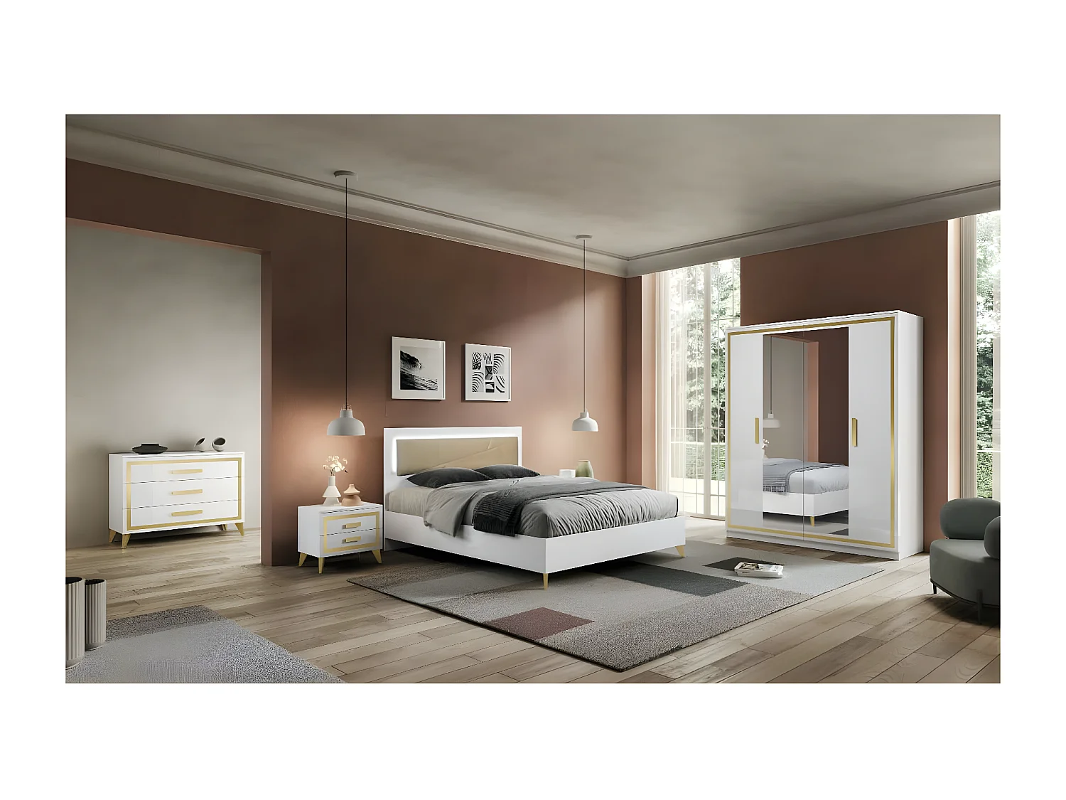 JEMMA - Lit 160x200cm Tête Rembourrée Laqué Blanc et Décor Doré avec Leds