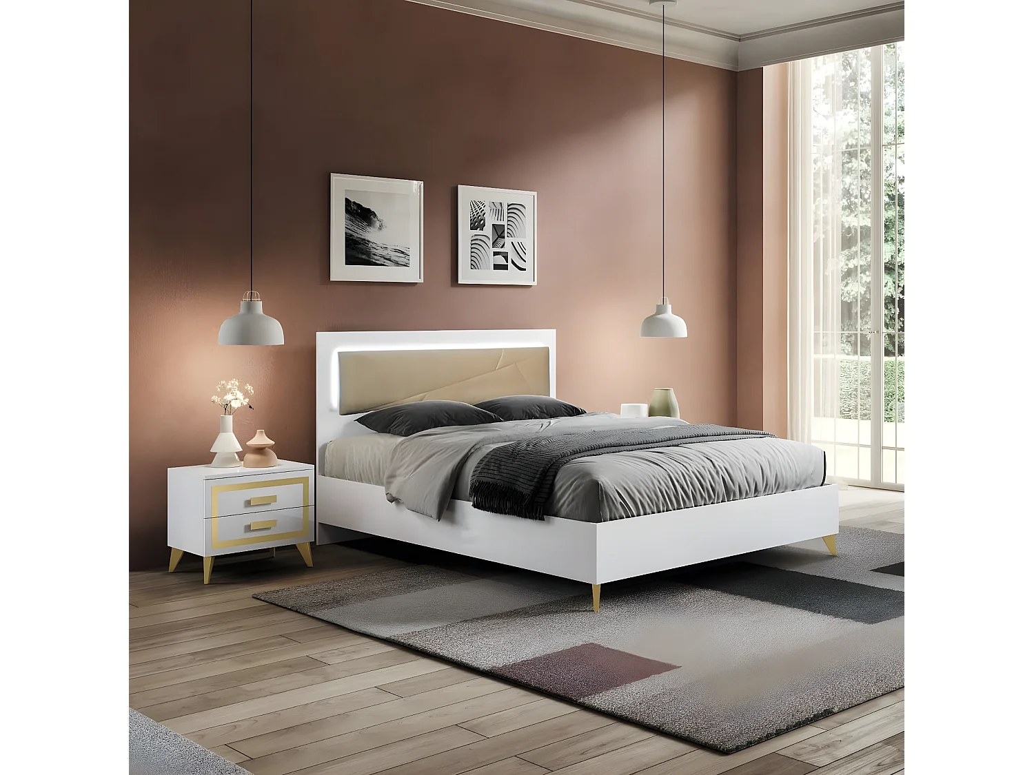 JEMMA - Lit 160x200cm Tête Rembourrée Laqué Blanc et Décor Doré avec Leds