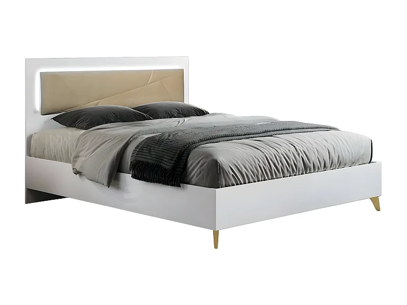 JEMMA - Lit 160x200cm Tête Rembourrée Laqué Blanc et Décor Doré avec Leds