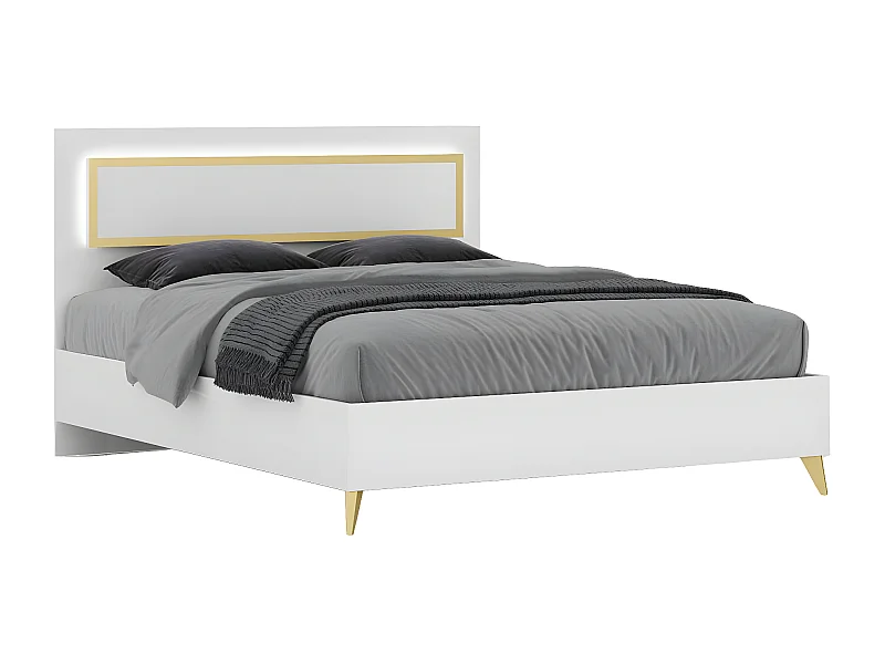 JEMMA - Lit 160x200cm Laqué Blanc et Décor Doré avec Leds