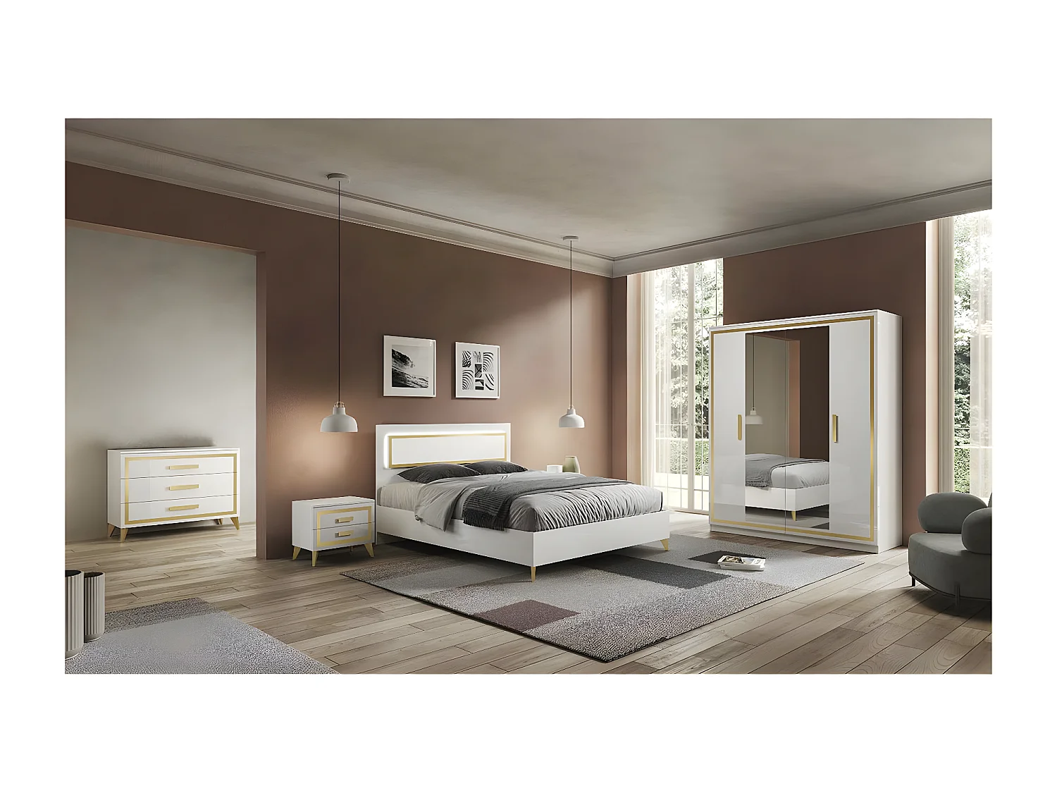 JEMMA - Lit 160x200cm Laqué Blanc et Décor Doré avec Leds