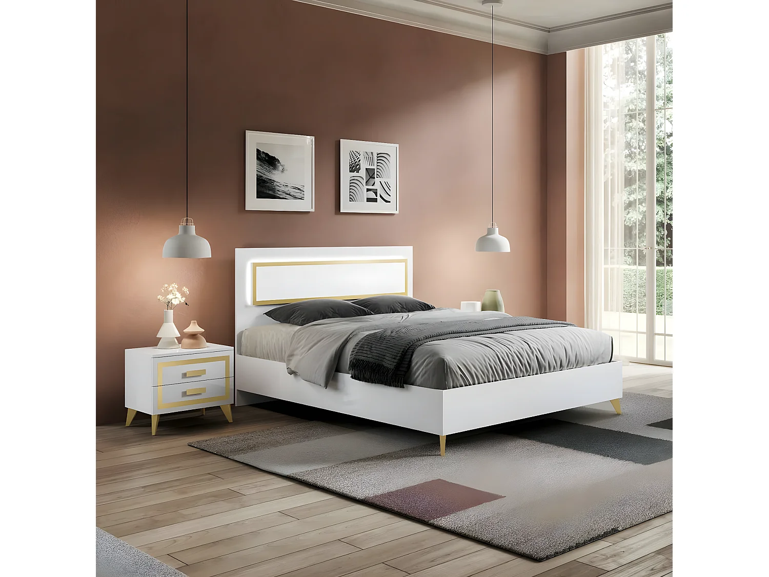 JEMMA - Lit 160x200cm Laqué Blanc et Décor Doré avec Leds