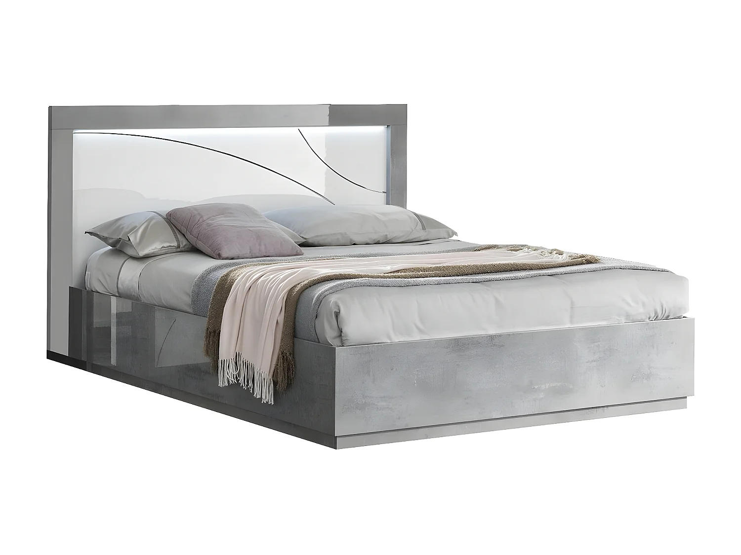 LINEAL - Lit-Coffre 160x200cm Laqué Blanc et Gris Béton Détails Chromés avec Leds