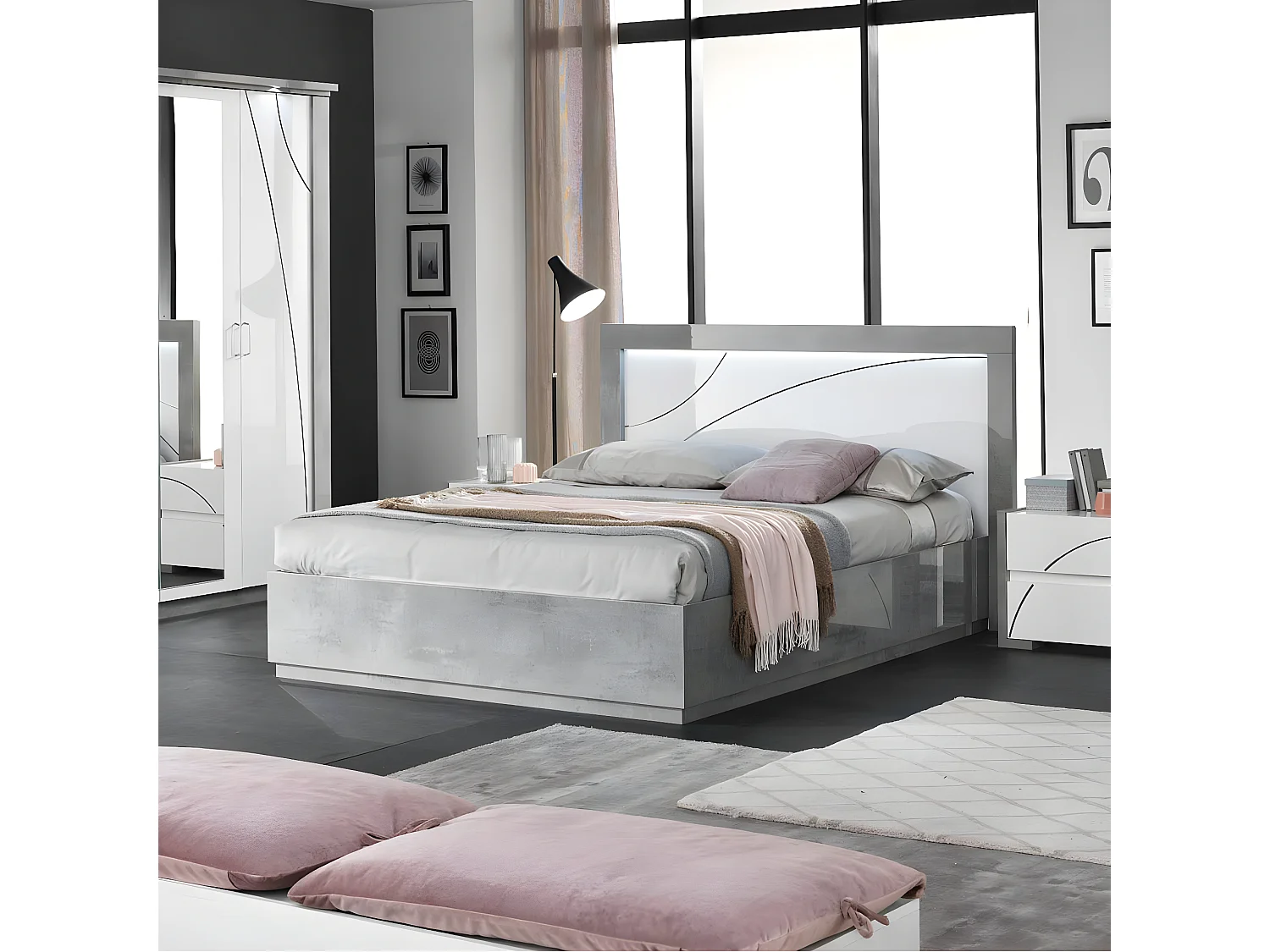 LINEAL - Lit-Coffre 160x200cm Laqué Blanc et Gris Béton Détails Chromés avec Leds