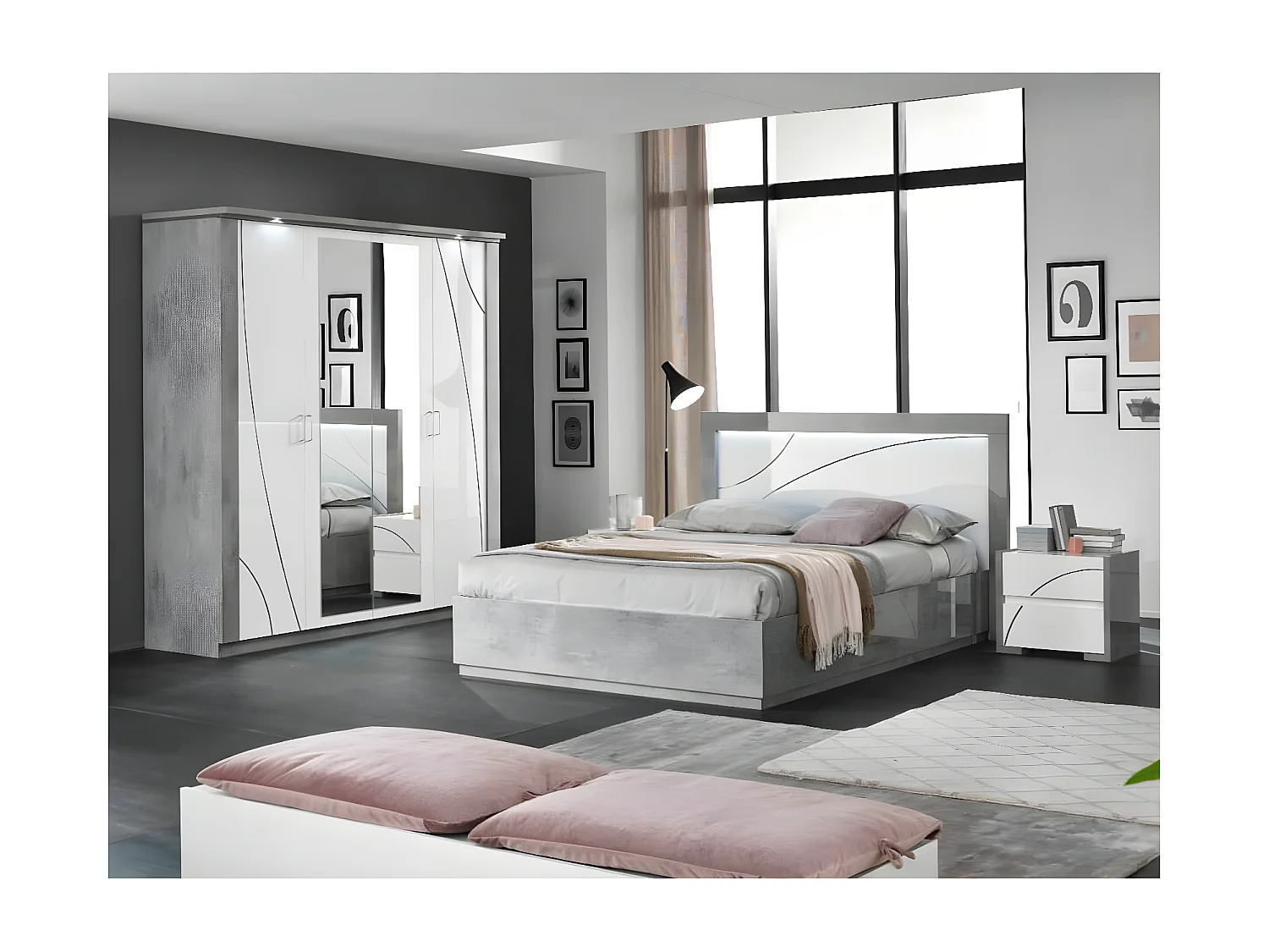 LINEAL - Lit-Coffre 160x200cm Laqué Blanc et Gris Béton Détails Chromés avec Leds