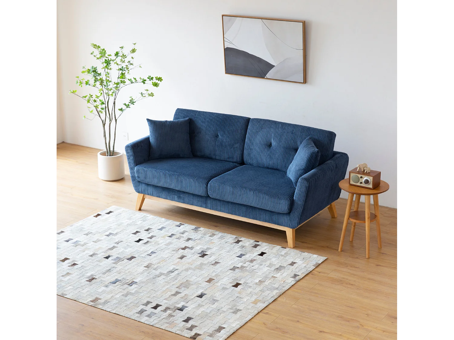 Canapé scandinave 3 places en velours côtelé bleu HOGA