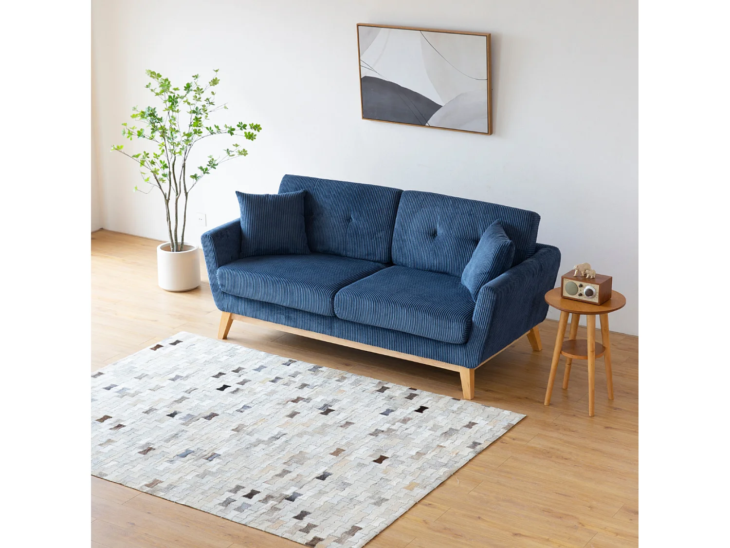 Canapé 3 places scandinave en velours côtelé bleu HOGA