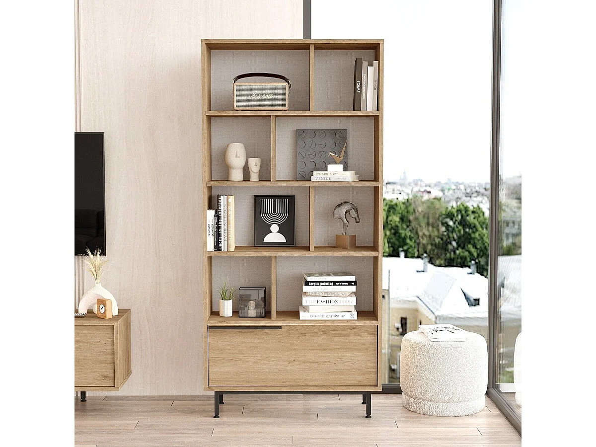 Estante elegante em painel de partículas revestido a melamina – 83,9 x 175,6 x 29,5 cm – nogueira – metal