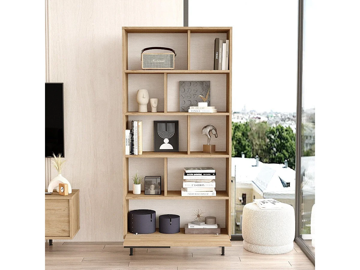 Estante elegante em painel de partículas revestido a melamina – 83,9 x 175,6 x 29,5 cm – nogueira – metal