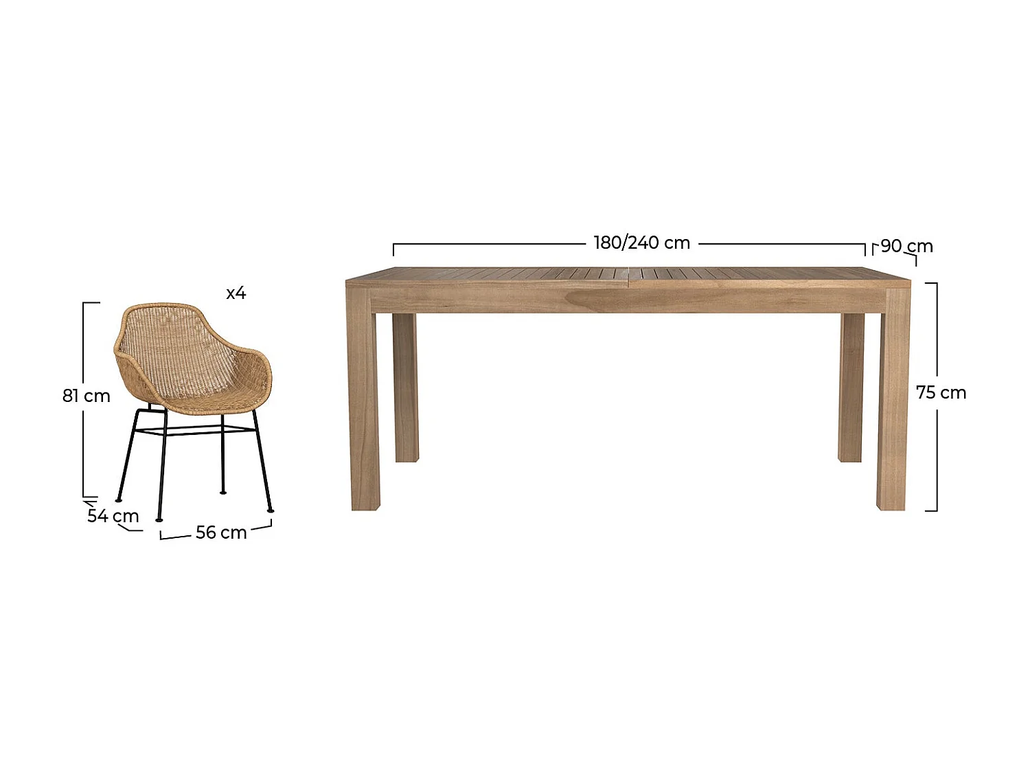 Tavolo e sedie da giardino 8 persone, legno, resina intrecciata - Carmela