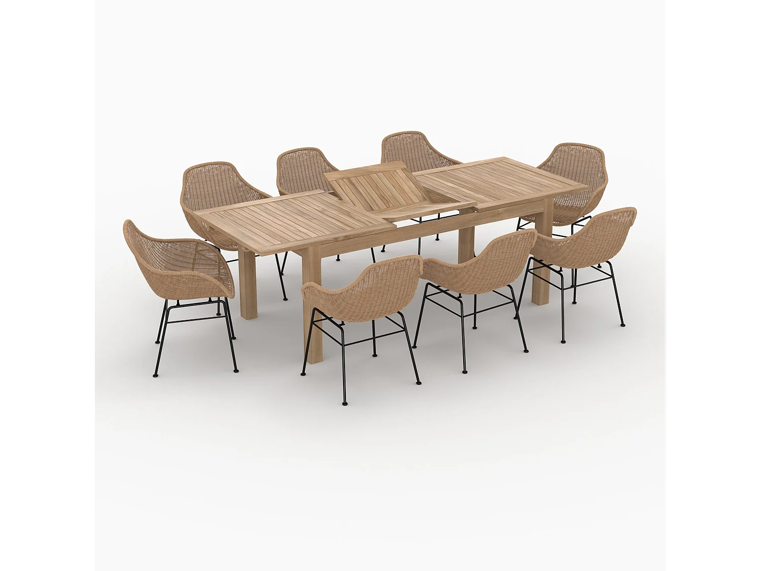 Tavolo e sedie da giardino 8 persone, legno, resina intrecciata - Carmela