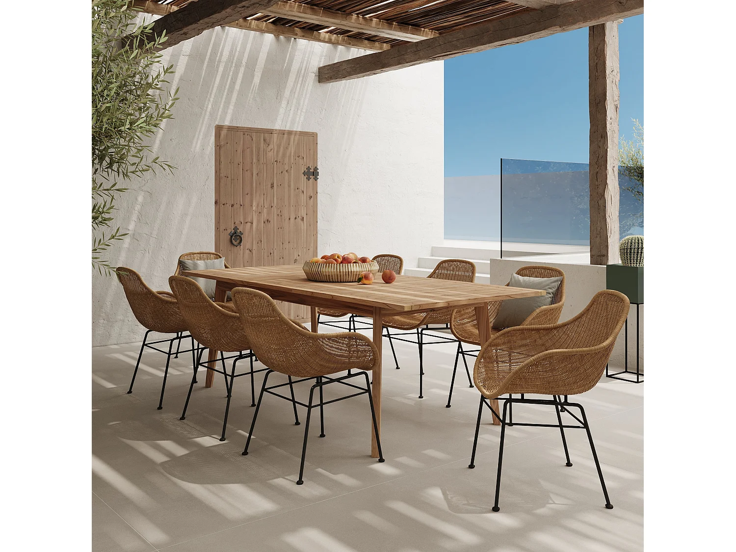 Tavolo e sedie da giardino 8 posti  legno di teak e resina intrecciata - Carmela