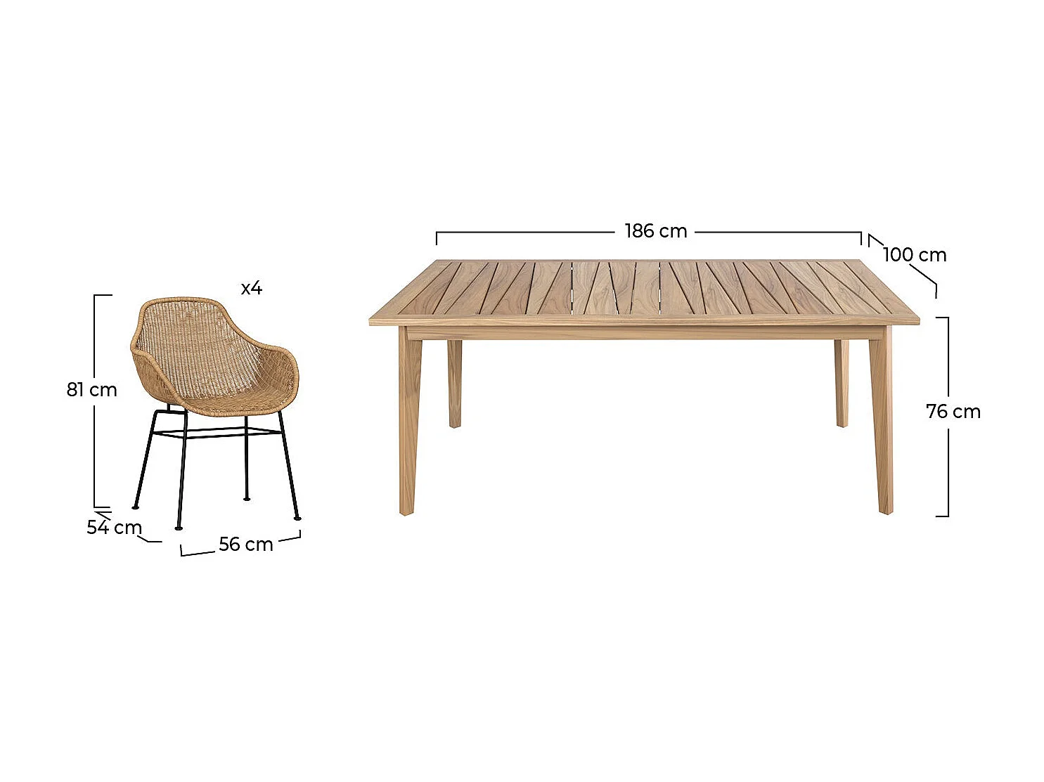 Tavolo e sedie da giardino 8 posti  legno di teak e resina intrecciata - Carmela