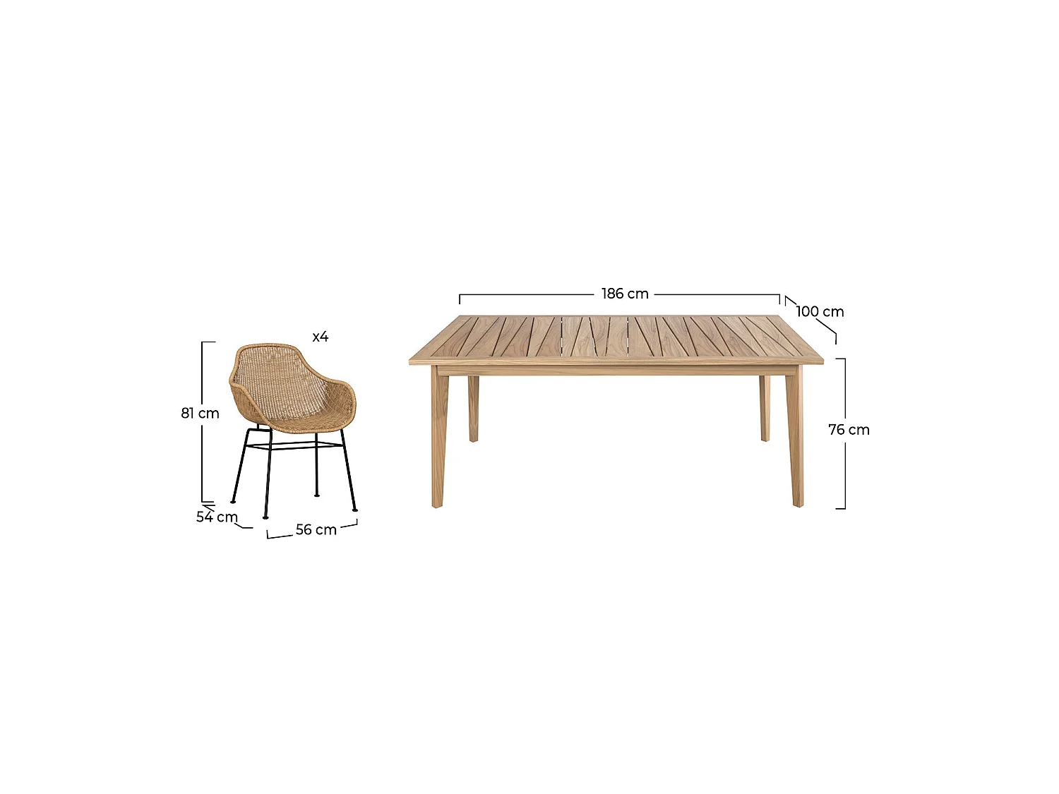 Tavolo e sedie da giardino 8 posti  legno di teak e resina intrecciata - Carmela