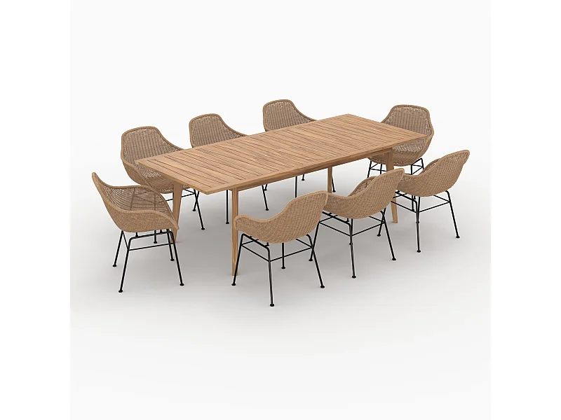 Tavolo e sedie da giardino 8 posti  legno di teak e resina intrecciata - Carmela
