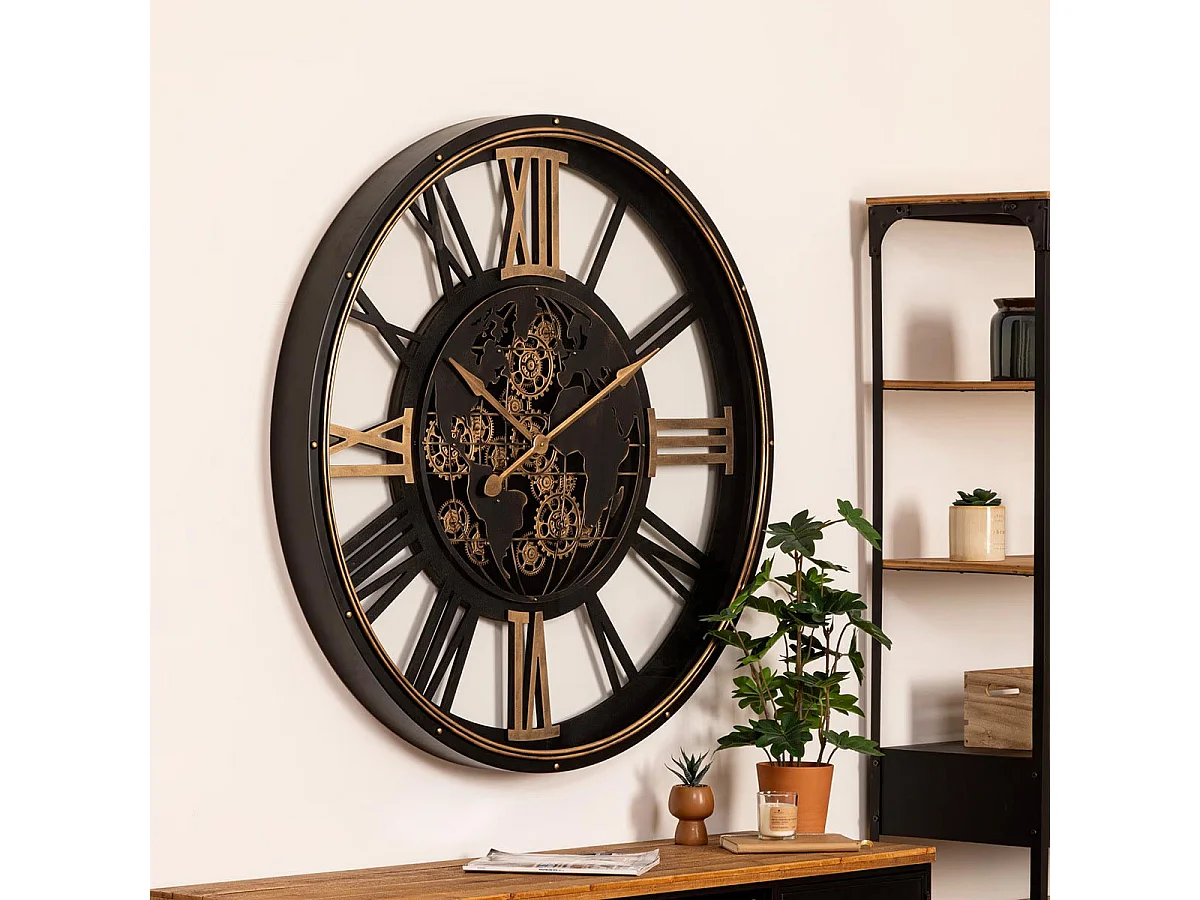 Grande Pendule murale Noir style rétro avec rouages mobiles D 110 cm