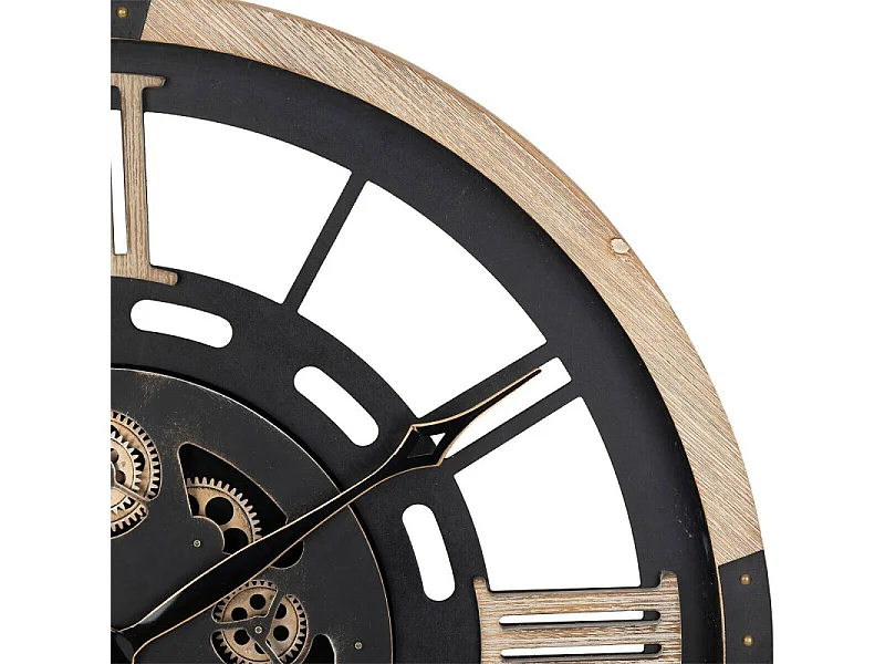 Grande Pendule murale Noir et Bois style vintage avec rouages mobiles D 80 cm