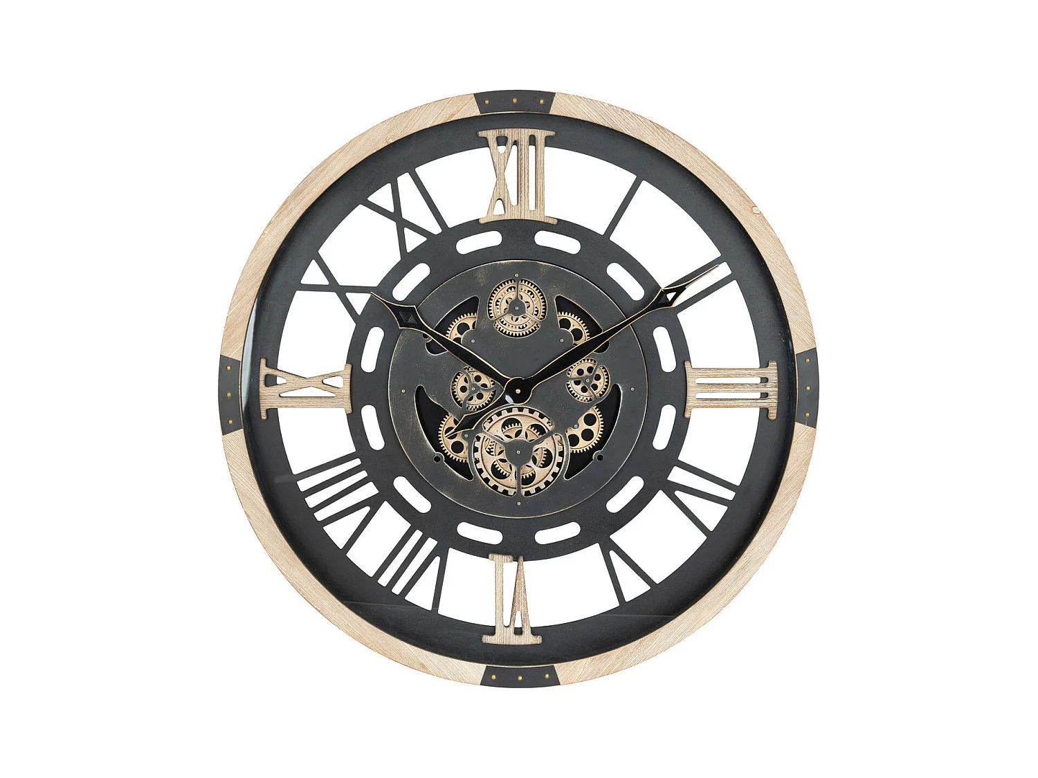 Grande Pendule murale Noir et Bois style vintage avec rouages mobiles D 80 cm