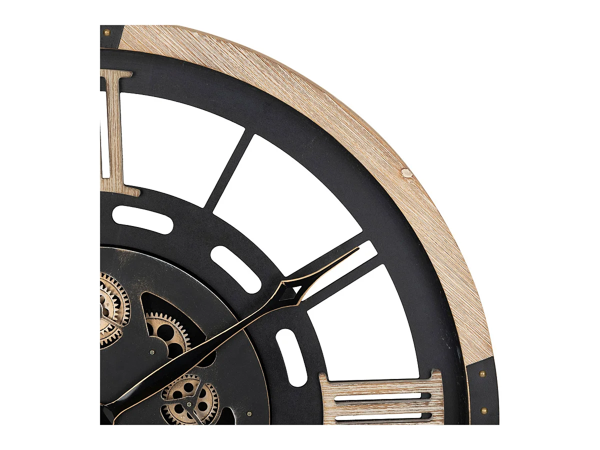 Grande Pendule murale Noir et Bois style vintage avec rouages mobiles D 80 cm