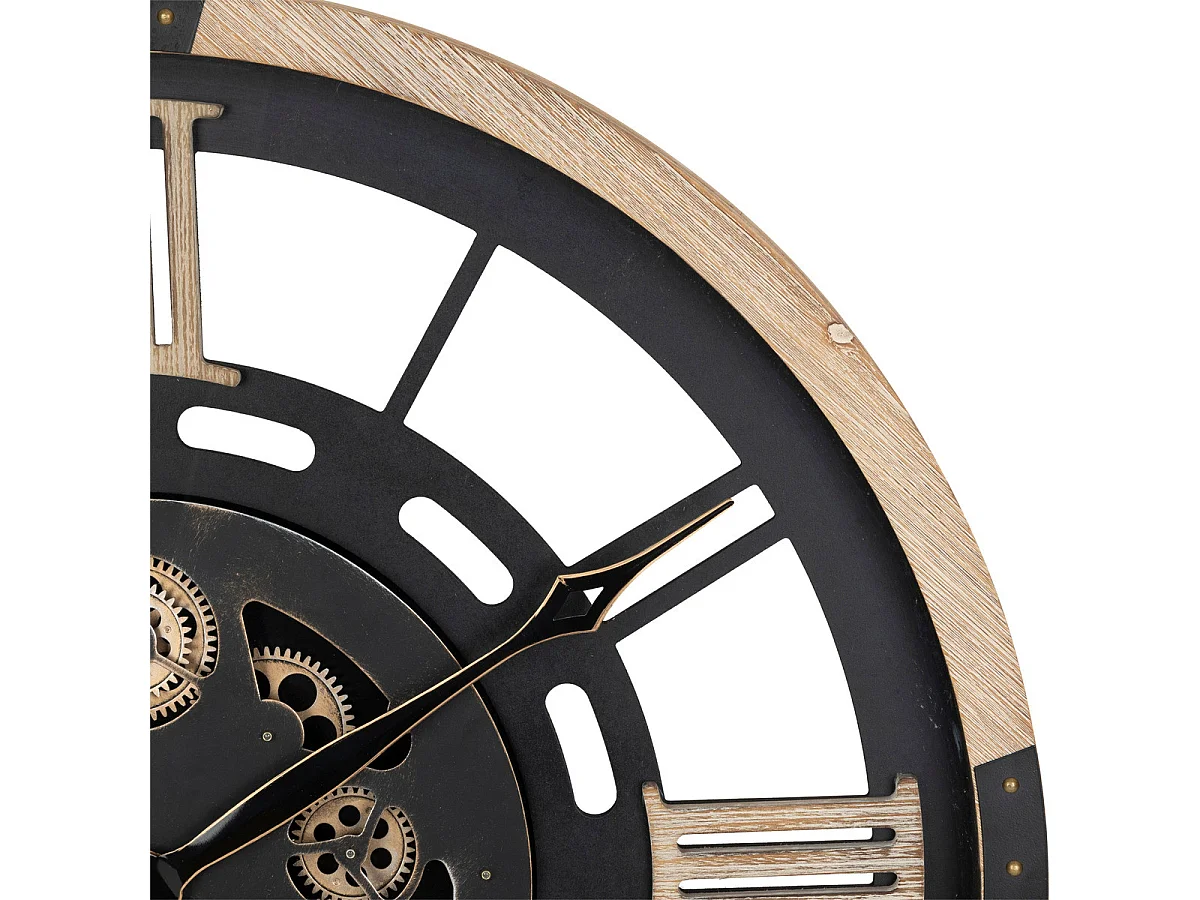 Grande Pendule murale Noir et Bois style vintage avec rouages mobiles D 80 cm