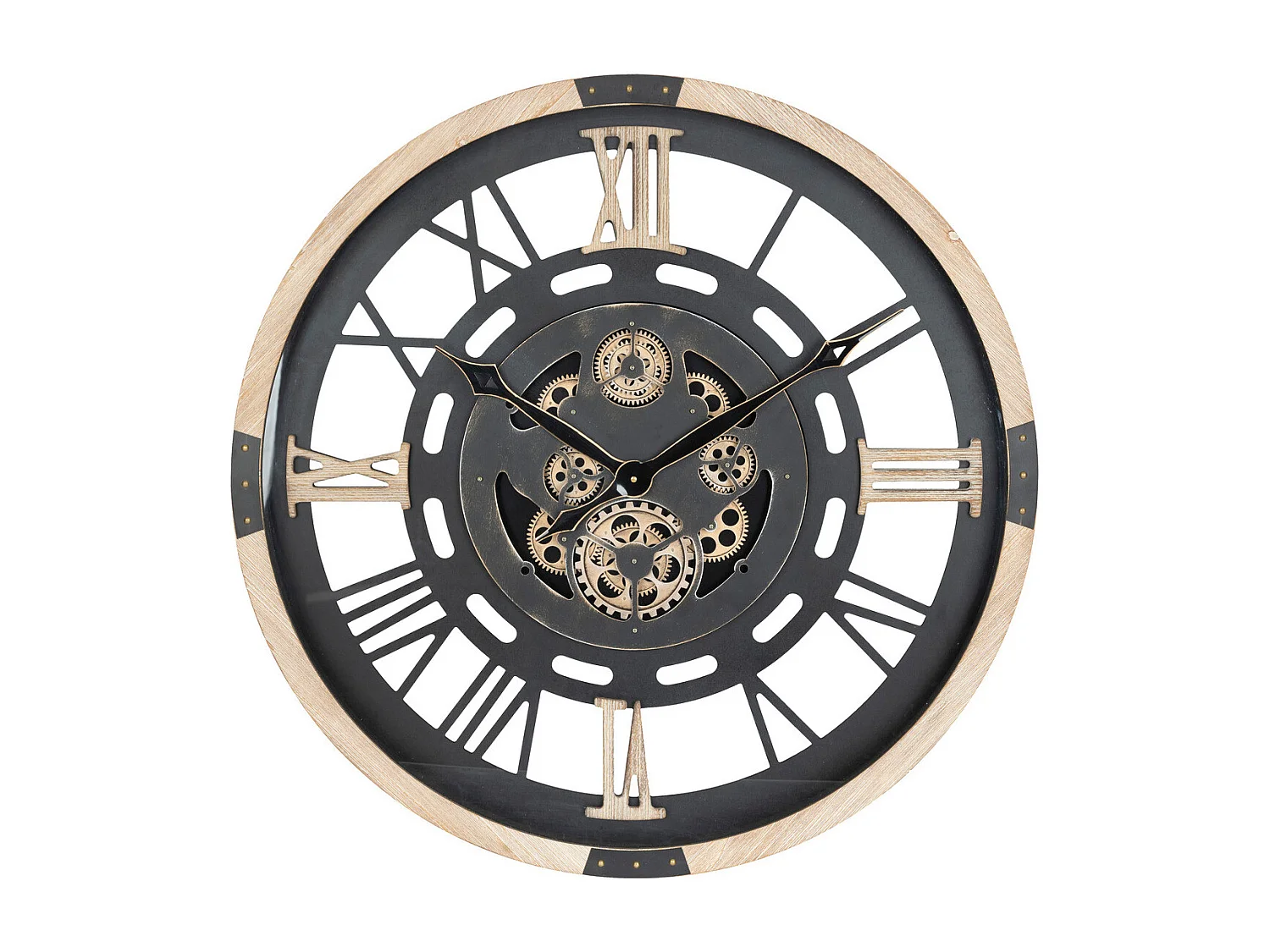 Grande Pendule murale Noir et Bois style vintage avec rouages mobiles D 80 cm