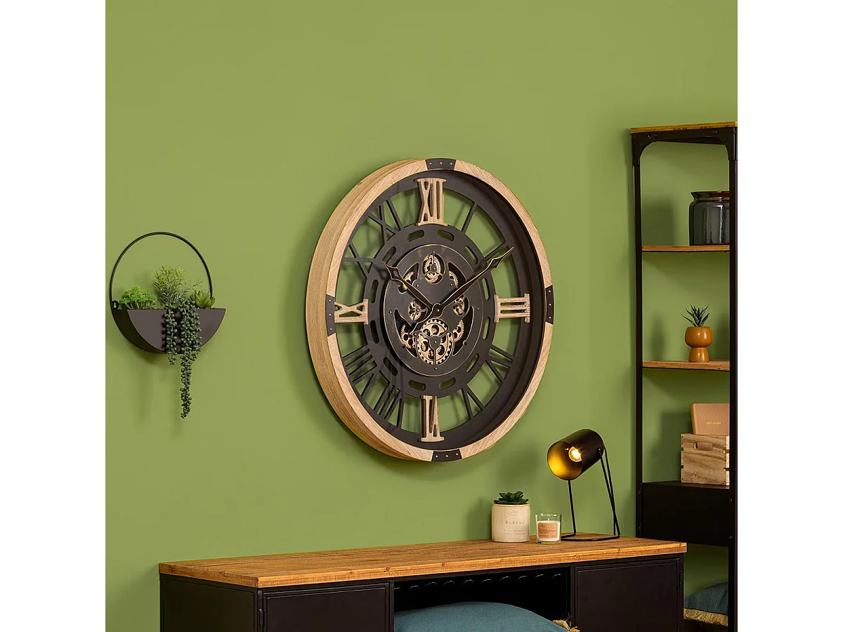 Grande Pendule murale Noir et Bois style vintage avec rouages mobiles D 80 cm