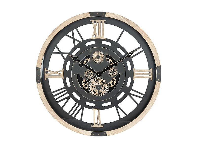 Grande Pendule murale Noir et Bois style vintage avec rouages mobiles D 80 cm