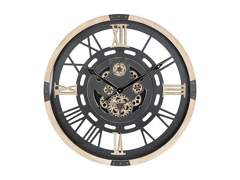 Grande Pendule murale Noir et Bois style vintage avec rouages mobiles D 80 cm