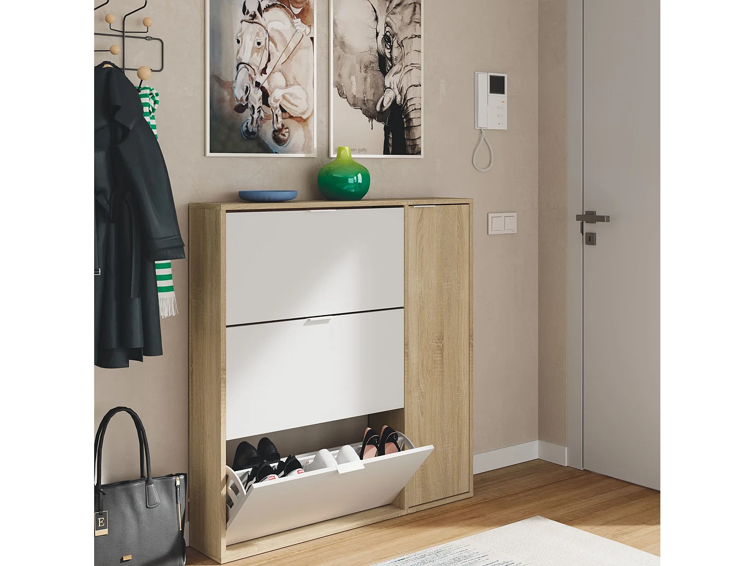 Meuble à chaussures avec 4 portes - Blanc et chêne - MC81010