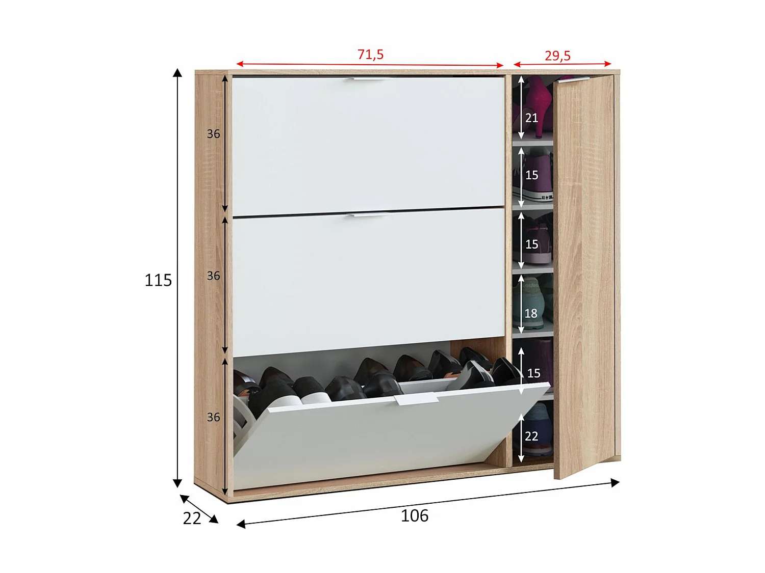 Meuble à chaussures avec 4 portes - Blanc et chêne - MC81010