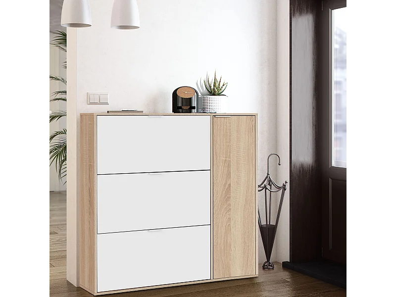 Meuble à chaussures avec 4 portes - Blanc et chêne - MC81010