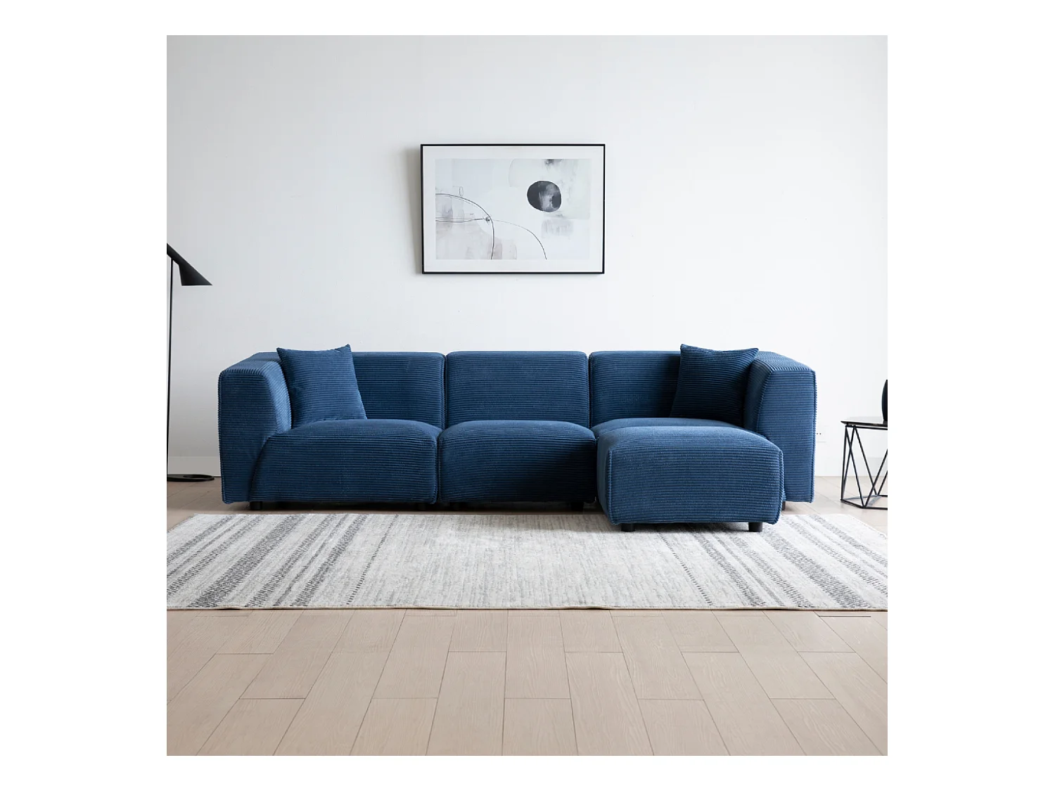 Canapé modulable 4 places: canapé droit 3 places + 1 pouf velours côtelé bleu MONROE
