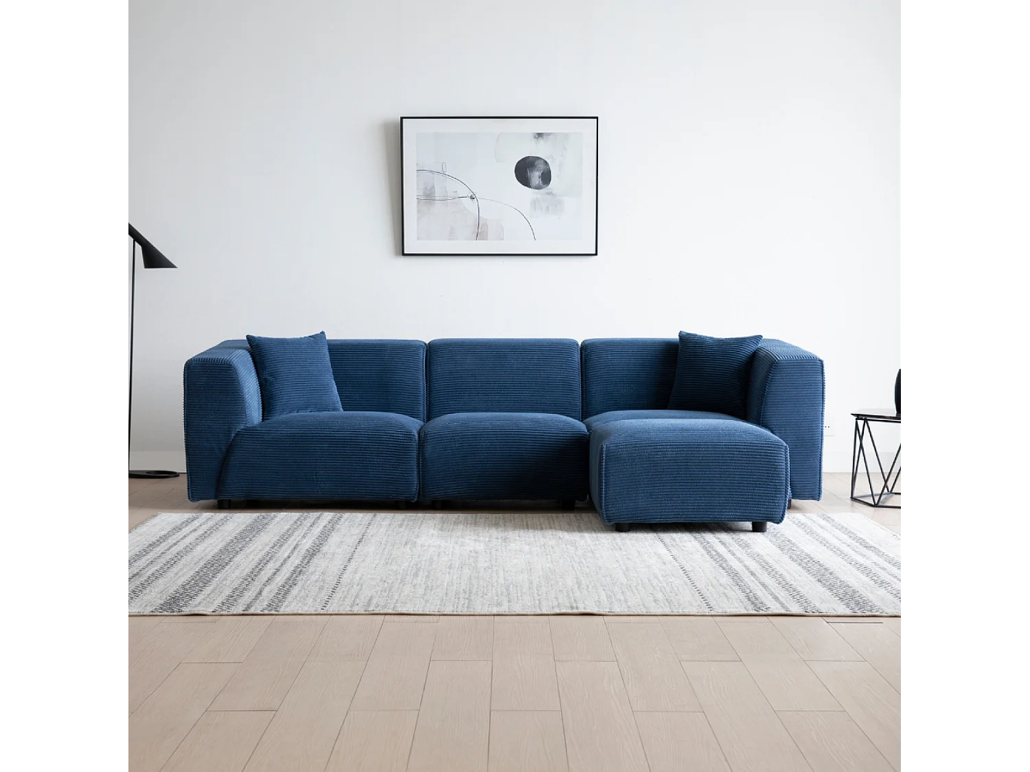 Ccanapé droit 3 places + 1 pouf velours côtelé bleu MONROE