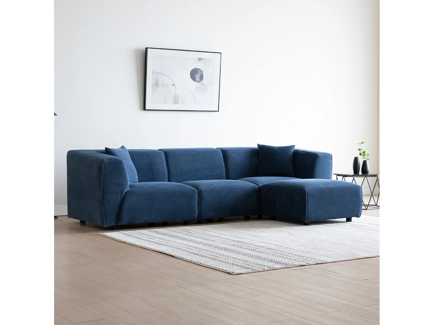 Sofá modular de 4 lugares em veludo cotelê azul Monroe
