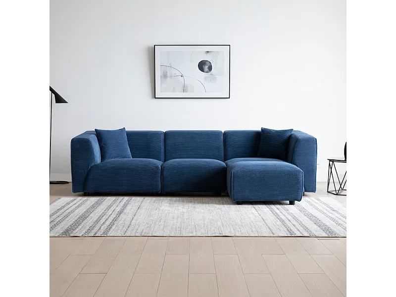Modulares 4-Sitzer-Sofa aus blauem Ripp-Velours Monroe
