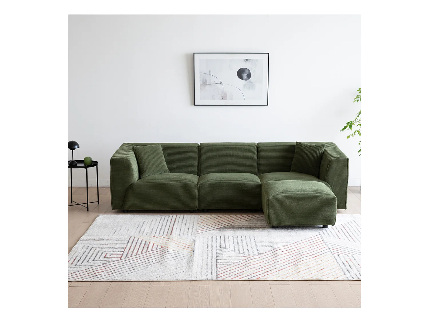 Canapé modulable 4 places: canapé droit 3 places + 1 pouf en velours côtelé vert MONROE