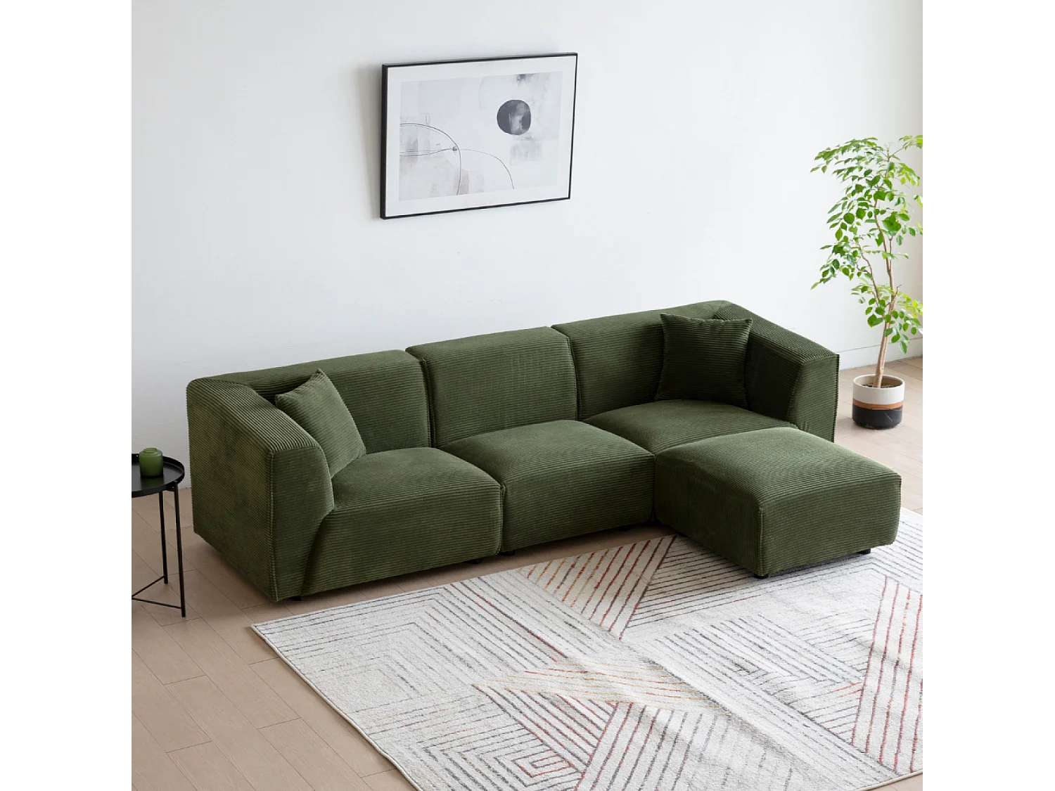 Canapé droit 3 places + 1 pouf en velours côtelé vert MONROE